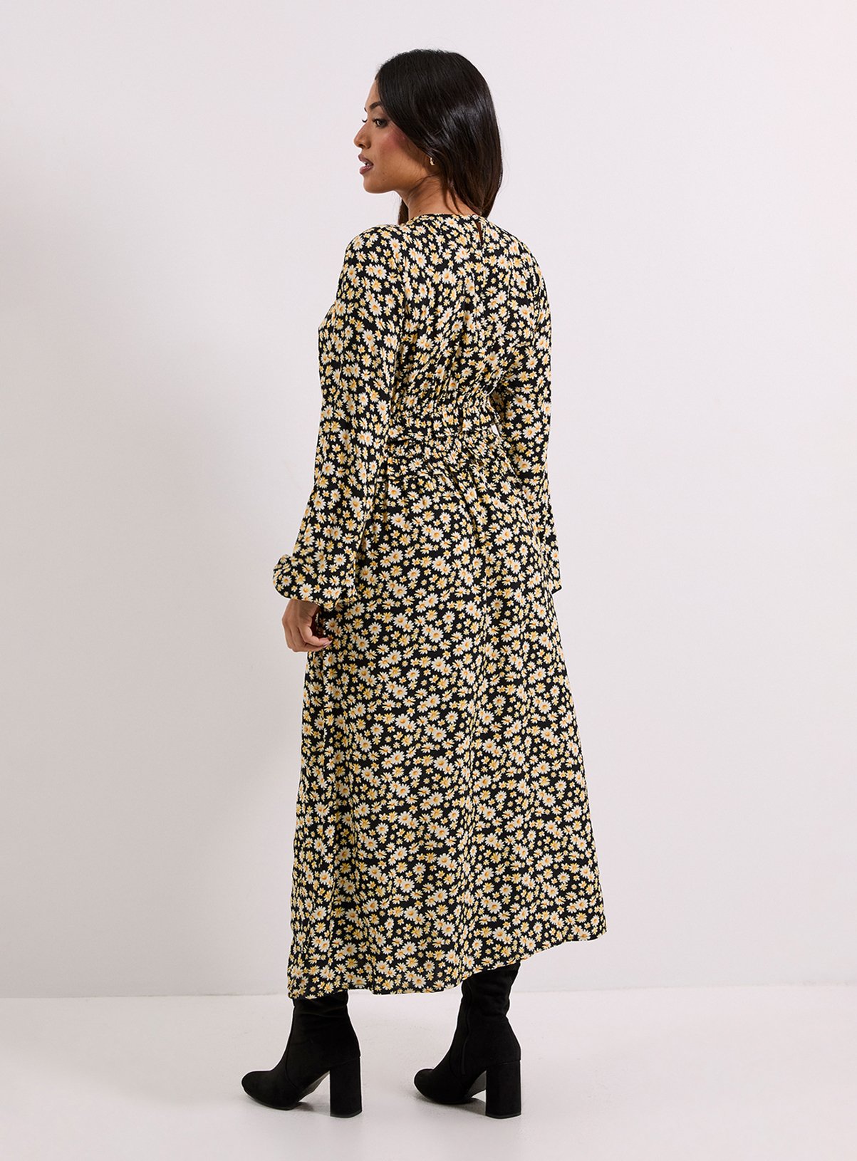 DOROTHY PERKINS Petite Black Daisy Frill Waist Detail Blouson Sleeve Midaxi Dress 12 - Image 3 thumbnail
